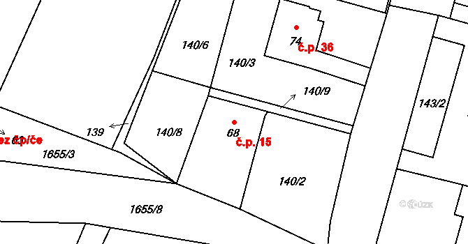 Chotěmice 15 na parcele st. 68 v KÚ Chotěmice, Katastrální mapa