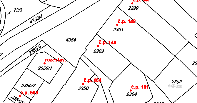 Veselí nad Lužnicí I 149, Veselí nad Lužnicí na parcele st. 2303 v KÚ Veselí nad Lužnicí, Katastrální mapa