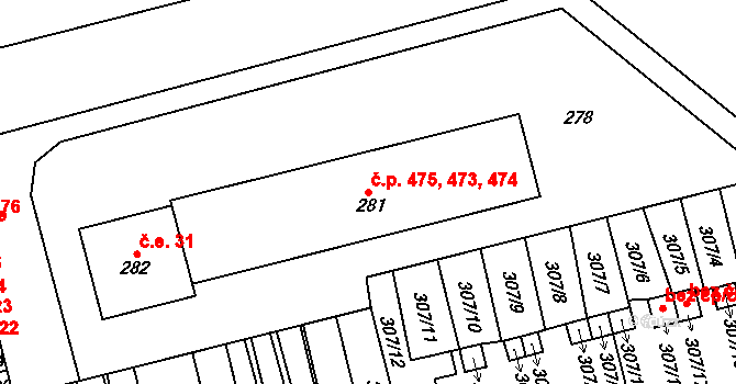 Velké Opatovice 473,474,475 na parcele st. 281 v KÚ Velké Opatovice, Katastrální mapa