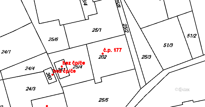Hrabová 177 na parcele st. 202 v KÚ Hrabová u Dubicka, Katastrální mapa