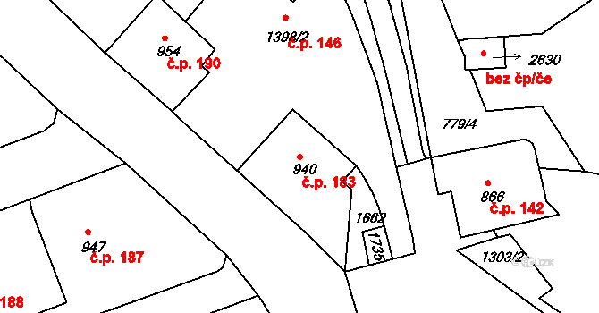 Latrán 183, Český Krumlov na parcele st. 940 v KÚ Český Krumlov, Katastrální mapa