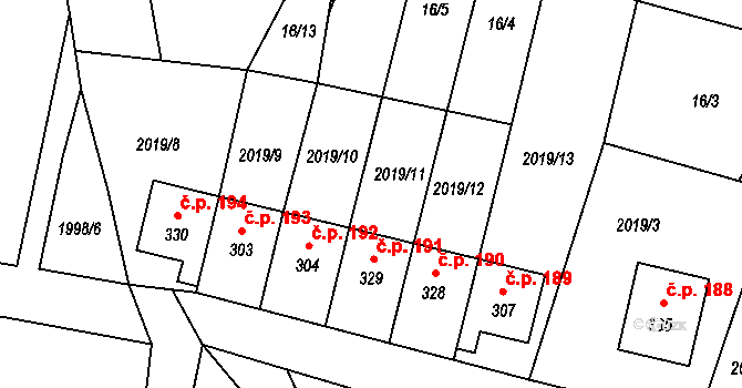 Malonty 191 na parcele st. 329 v KÚ Malonty, Katastrální mapa