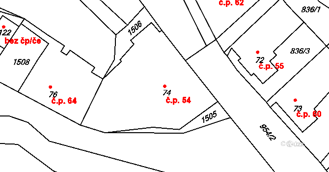Vadín 54, Okrouhlice na parcele st. 74 v KÚ Vadín, Katastrální mapa