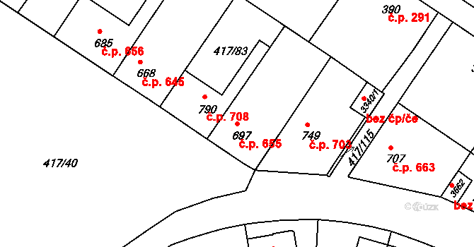 Bystřice pod Hostýnem 655 na parcele st. 697 v KÚ Bystřice pod Hostýnem, Katastrální mapa