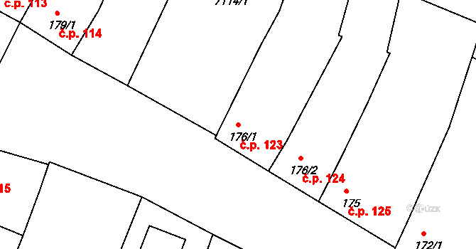 Hrádek 123 na parcele st. 176/1 v KÚ Hrádek u Znojma, Katastrální mapa