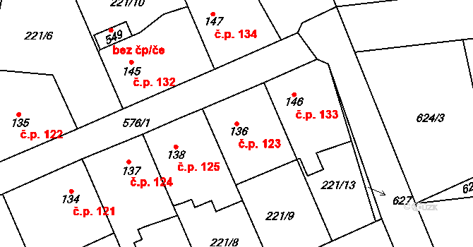 Tlustice 123 na parcele st. 136 v KÚ Tlustice, Katastrální mapa