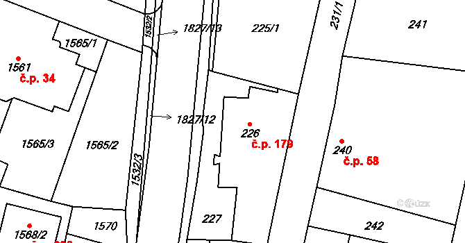 Kosmonosy 179 na parcele st. 226 v KÚ Kosmonosy, Katastrální mapa