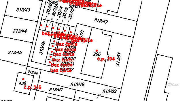 Stěžery 194 na parcele st. 206 v KÚ Stěžery, Katastrální mapa