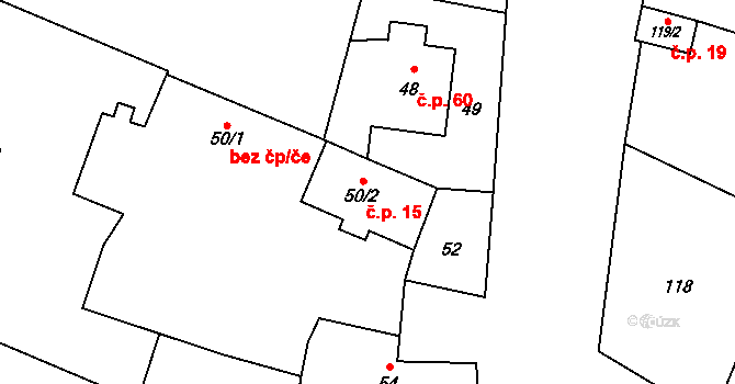 Lazce 15, Troubelice na parcele st. 50/2 v KÚ Lazce u Troubelic, Katastrální mapa
