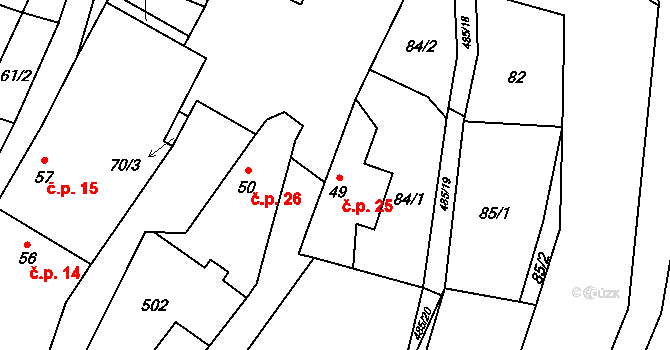 Třeboutice 25, Křešice na parcele st. 49 v KÚ Třeboutice, Katastrální mapa