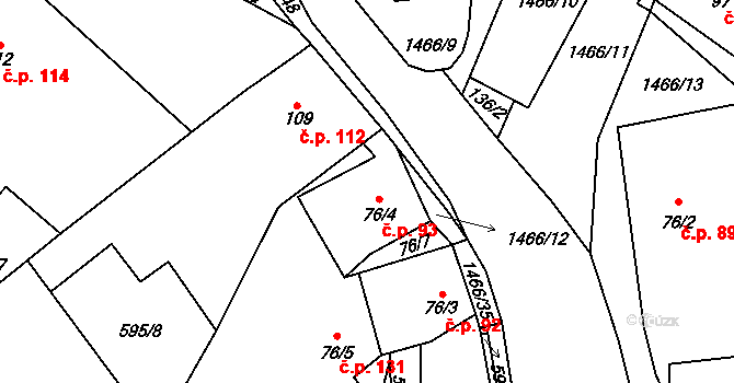 Velemín 93 na parcele st. 76/4 v KÚ Velemín, Katastrální mapa