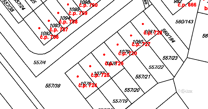 Podklášteří 726, Třebíč na parcele st. 1078 v KÚ Podklášteří, Katastrální mapa