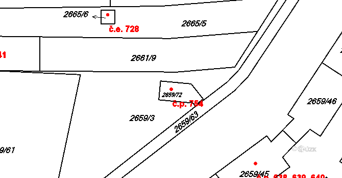Jundrov 754, Brno na parcele st. 2659/72 v KÚ Jundrov, Katastrální mapa