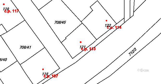 Vršovice 113 na parcele st. 121 v KÚ Vršovice u Loun, Katastrální mapa
