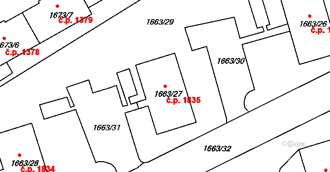 Trnovany 1835, Teplice na parcele st. 1663/27 v KÚ Teplice-Trnovany, Katastrální mapa