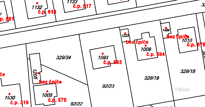 Halenkov 593 na parcele st. 1093 v KÚ Halenkov, Katastrální mapa