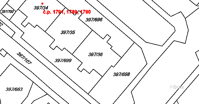 Chodov 1789,1790,1791, Praha na parcele st. 397/36 v KÚ Chodov, Katastrální mapa