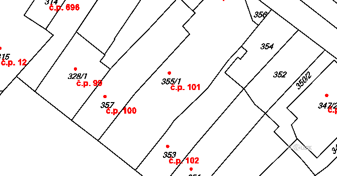 Rumburk 1 101, Rumburk na parcele st. 355/1 v KÚ Rumburk, Katastrální mapa