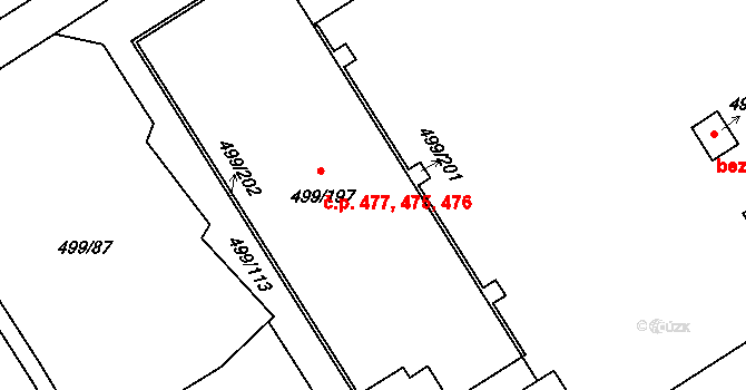 Ráj 475,476,477, Karviná na parcele st. 499/197 v KÚ Ráj, Katastrální mapa