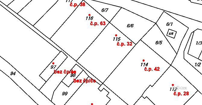 Padochov 32, Oslavany na parcele st. 115 v KÚ Padochov, Katastrální mapa