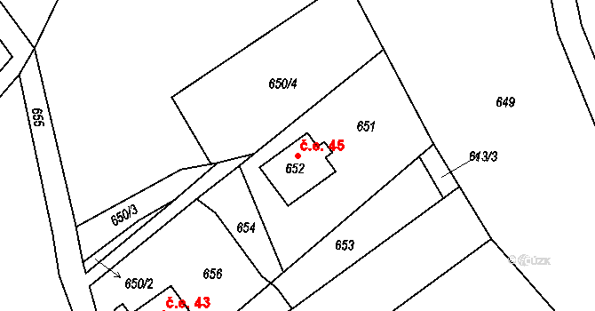 Záskalí 45, Hodkovice nad Mohelkou na parcele st. 652 v KÚ Záskalí, Katastrální mapa
