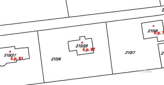 Vělopolí 87 na parcele st. 210/28 v KÚ Vělopolí, Katastrální mapa