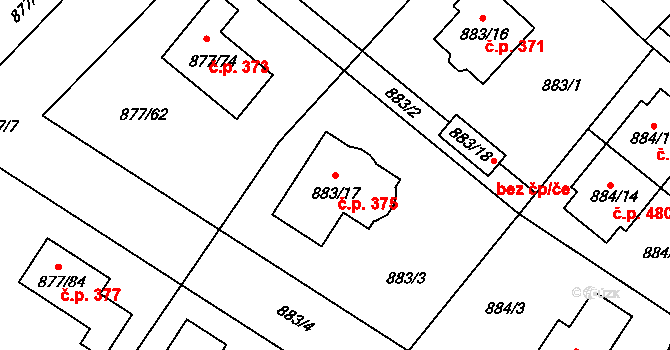 Jirny 375 na parcele st. 883/17 v KÚ Jirny, Katastrální mapa
