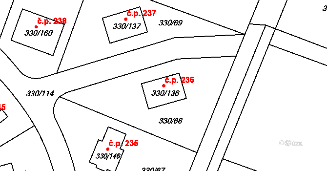 Hlušovice 236 na parcele st. 330/136 v KÚ Hlušovice, Katastrální mapa