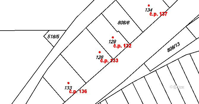 Křoví 133 na parcele st. 128 v KÚ Křoví, Katastrální mapa