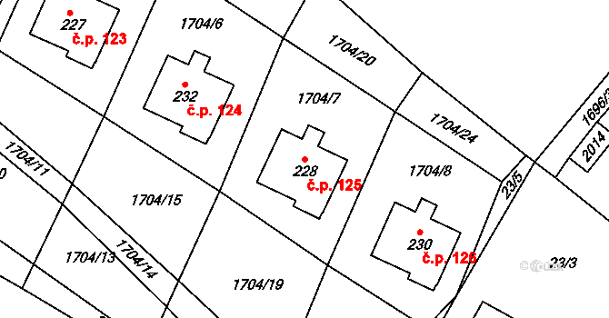 Kladná Žilín 125, Luhačovice na parcele st. 228 v KÚ Kladná Žilín, Katastrální mapa