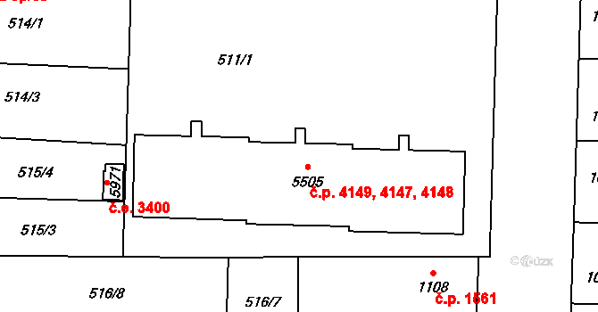 Zlín 4147,4148,4149 na parcele st. 5505 v KÚ Zlín, Katastrální mapa