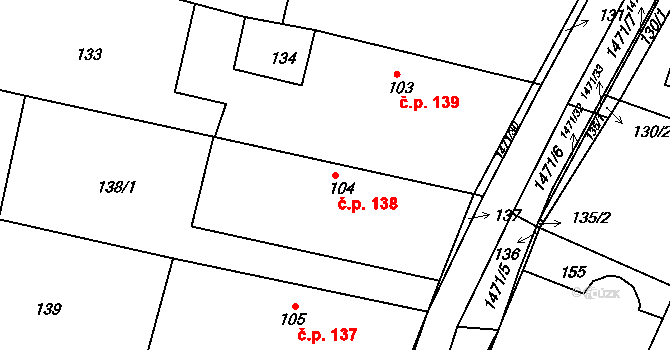 Mokré Lazce 138 na parcele st. 104 v KÚ Mokré Lazce, Katastrální mapa