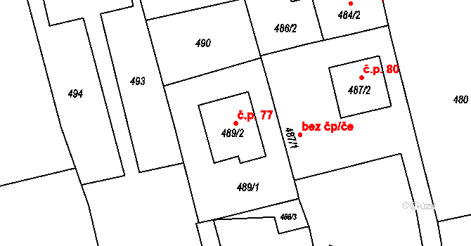 Píšť 77 na parcele st. 489/2 v KÚ Píšť, Katastrální mapa