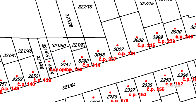 Václavské Předměstí 237, Písek na parcele st. 3988 v KÚ Písek, Katastrální mapa