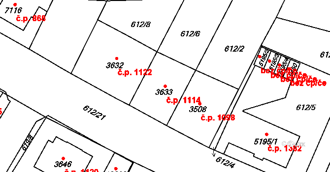 Bílé Předměstí 1114, Pardubice na parcele st. 3633 v KÚ Pardubice, Katastrální mapa