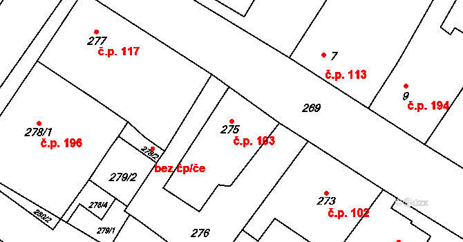 Senec 103, Zruč-Senec na parcele st. 275 v KÚ Senec u Plzně, Katastrální mapa