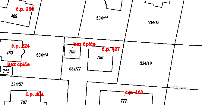 Horoušánky 427, Horoušany na parcele st. 798 v KÚ Horoušany, Katastrální mapa