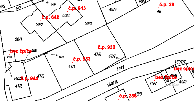 Moravany 932 na parcele st. 47/6 v KÚ Moravany u Brna, Katastrální mapa
