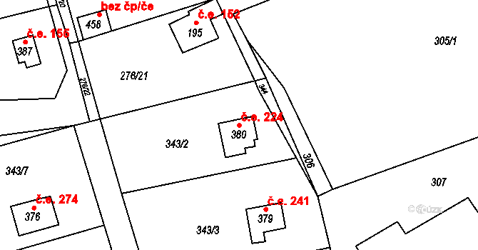 Hostěradice 224, Kamenný Přívoz na parcele st. 380 v KÚ Hostěradice, Katastrální mapa