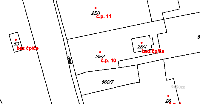 Obora 10, Doksy na parcele st. 25/2 v KÚ Obora v Podbezdězí, Katastrální mapa