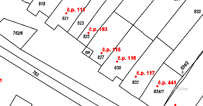 Těšany 115 na parcele st. 827 v KÚ Těšany, Katastrální mapa