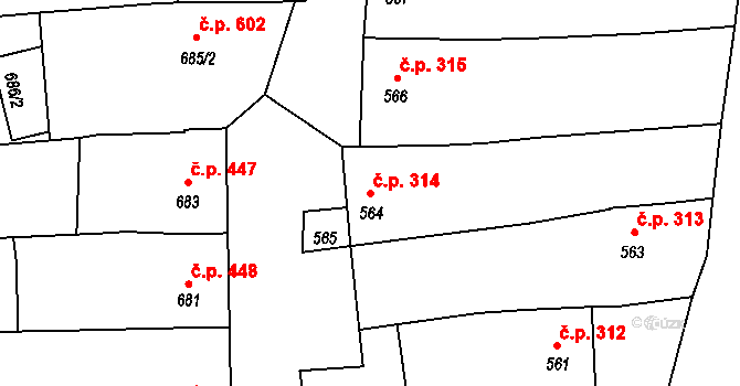 Velká nad Veličkou 314 na parcele st. 564 v KÚ Velká nad Veličkou, Katastrální mapa