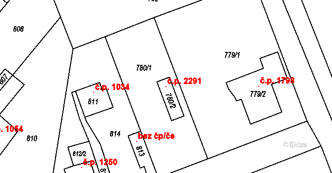 Úvaly 2291 na parcele st. 780/2 v KÚ Úvaly u Prahy, Katastrální mapa