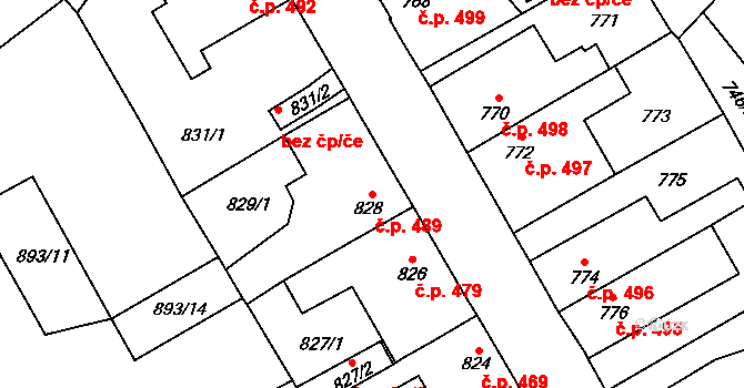 Kosmonosy 489 na parcele st. 828 v KÚ Kosmonosy, Katastrální mapa
