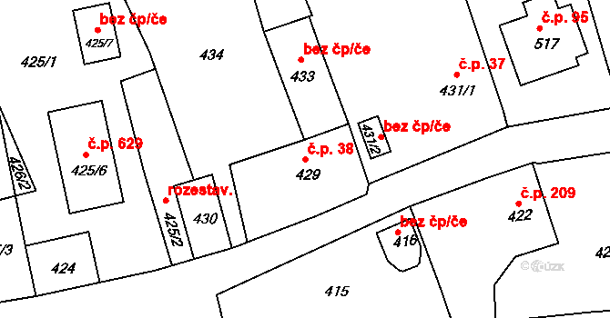 Dlouhá Loučka 38 na parcele st. 429 v KÚ Dolní Dlouhá Loučka, Katastrální mapa