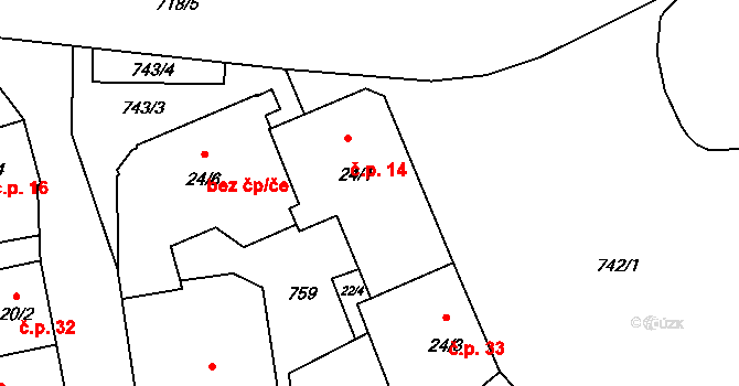 Dubné 14 na parcele st. 24/1 v KÚ Dubné, Katastrální mapa
