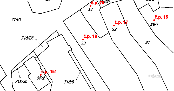 Evaň 18 na parcele st. 33 v KÚ Evaň, Katastrální mapa