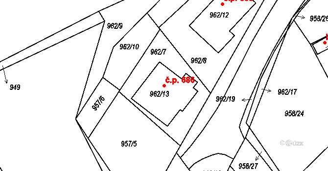 Březnice 686 na parcele st. 962/13 v KÚ Březnice, Katastrální mapa