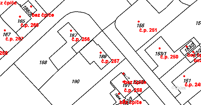 Miřetice u Klášterce nad Ohří 257, Klášterec nad Ohří na parcele st. 189 v KÚ Miřetice u Klášterce nad Ohří, Katastrální mapa