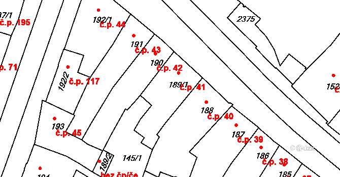 Jejkov 41, Třebíč na parcele st. 189/1 v KÚ Třebíč, Katastrální mapa